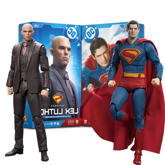 Superman action figure with packaging featuring a bald man in a suit and Superman character.