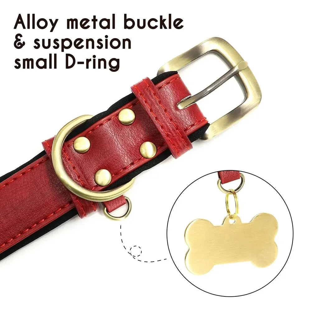 Personalized Customized Leather ID Nameplate Dog Collar Soft Padded Dogs Collars Free Engraving Name for Small Medium Large Dogs